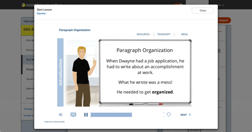 Writing – Paragraph Organization lesson screenshot