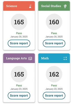Jamal's GD score card: Science 165. Social Studies 160. Language Arts 165. Math 162.