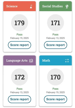 Maria's GD score card: Science 179. Social Studies 171. Language Arts 172. Math 170.