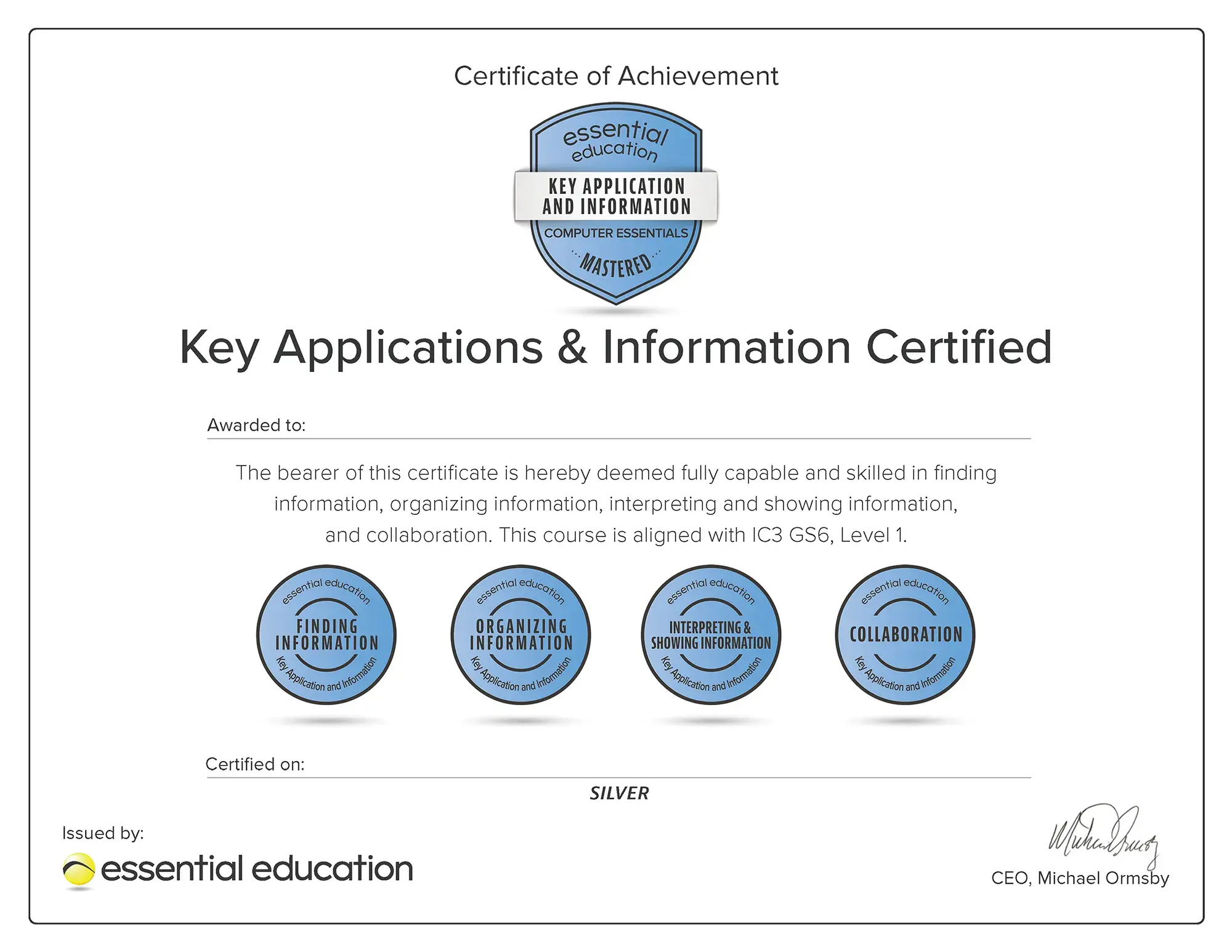 Computer Essentials course certificate of achievement.