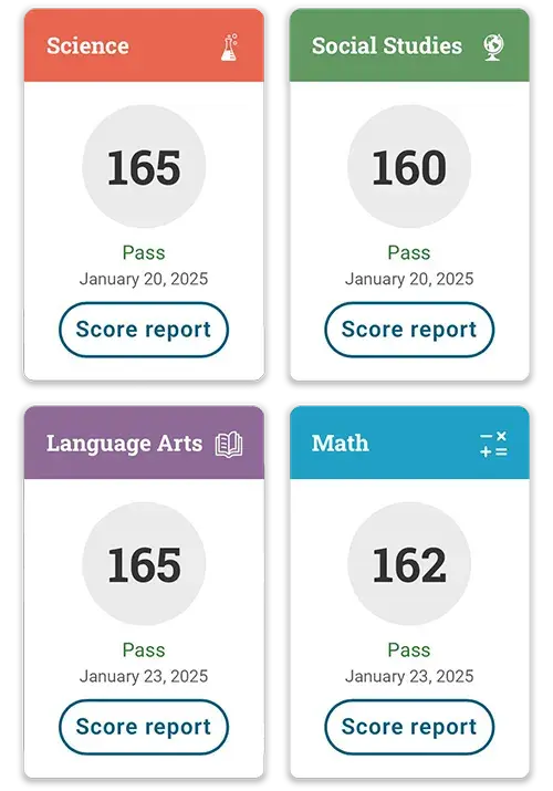 Jamal's GD score card: Science 165. Social Studies 160. Language Arts 165. Math 162.